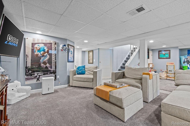 22543 E 11 Mile Rd, Saint Clair Shores, MI 48081 - carpeted living room with stairs, a drop ceiling, and recessed lighting
