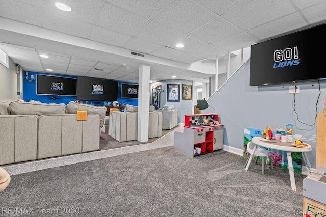 22543 E 11 Mile Rd, Saint Clair Shores, MI 48081 - rec room with carpet floors, a drop ceiling, and recessed lighting