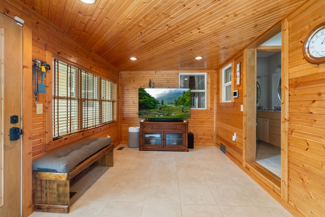 2230 Oleary Rd, Jackson, MI 49201 - living area with wood walls, recessed lighting, wooden ceiling, and light tile patterned floors