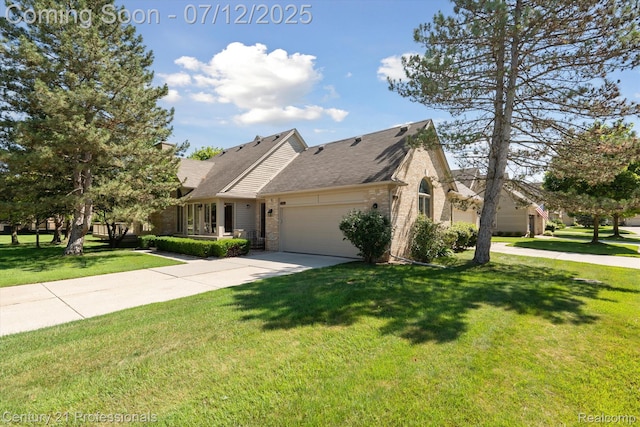 17012 Coral Ln, Macomb, MI 48042 - view of front of house featuring concrete driveway, brick siding, an attached garage, a front lawn, and roof with shingles