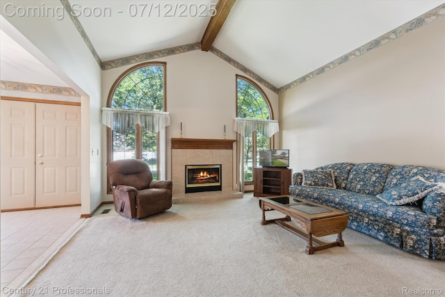 17012 Coral Ln, Macomb, MI 48042 - carpeted living room featuring high vaulted ceiling, beam ceiling, and a fireplace