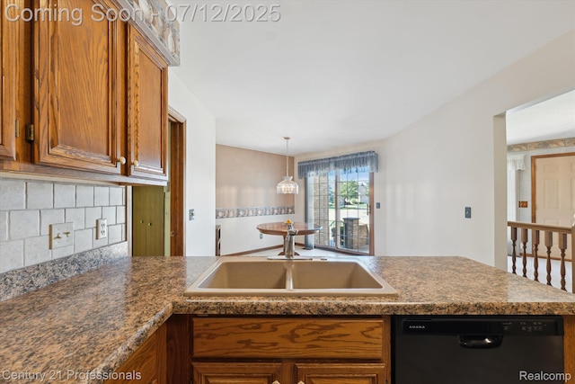 17012 Coral Ln, Macomb, MI 48042 - kitchen featuring black dishwasher, brown cabinets, decorative backsplash, a peninsula, and hanging light fixtures