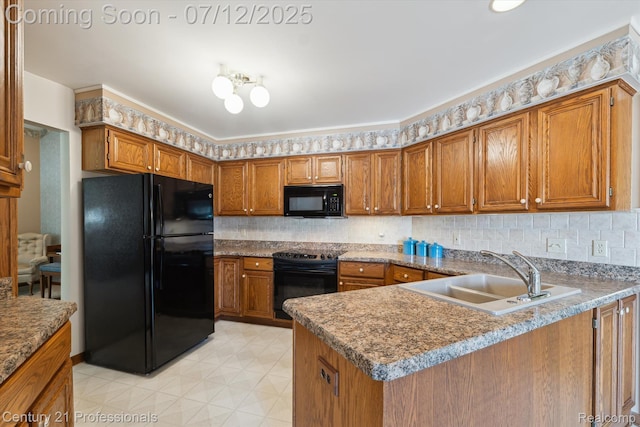17012 Coral Ln, Macomb, MI 48042 - kitchen with black appliances, brown cabinetry, a peninsula, and backsplash