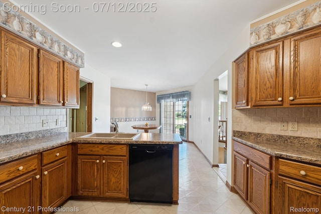 17012 Coral Ln, Macomb, MI 48042 - kitchen with black dishwasher, brown cabinets, a peninsula, and decorative backsplash