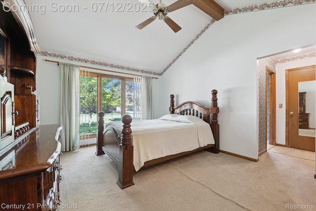 17012 Coral Ln, Macomb, MI 48042 - carpeted bedroom with beamed ceiling, a ceiling fan, and high vaulted ceiling