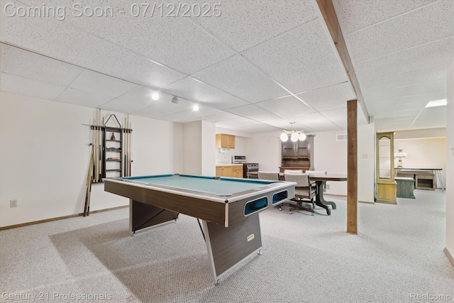17012 Coral Ln, Macomb, MI 48042 - rec room with light colored carpet, a drop ceiling, and pool table