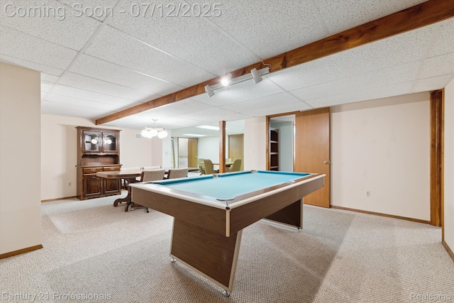 17012 Coral Ln, Macomb, MI 48042 - game room with light colored carpet, a paneled ceiling, billiards, and beam ceiling