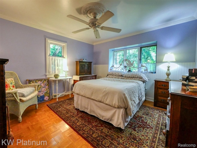 6636 Broadbridge Rd, Cottrellville, MI 48039 - bedroom with multiple windows, a wainscoted wall, ornamental molding, and ceiling fan