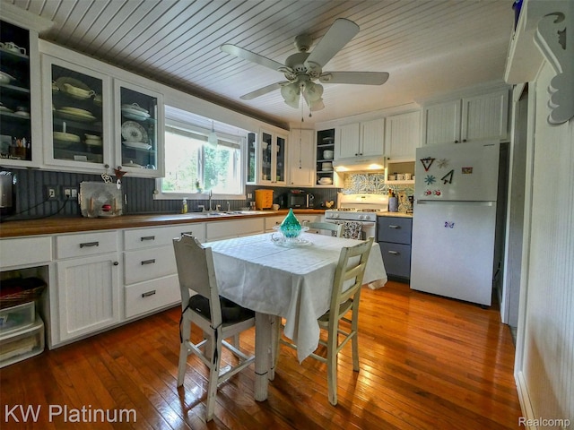 6636 Broadbridge Rd, Cottrellville, MI 48039 - kitchen with white appliances, under cabinet range hood, dark wood-style flooring, backsplash, and white cabinets
