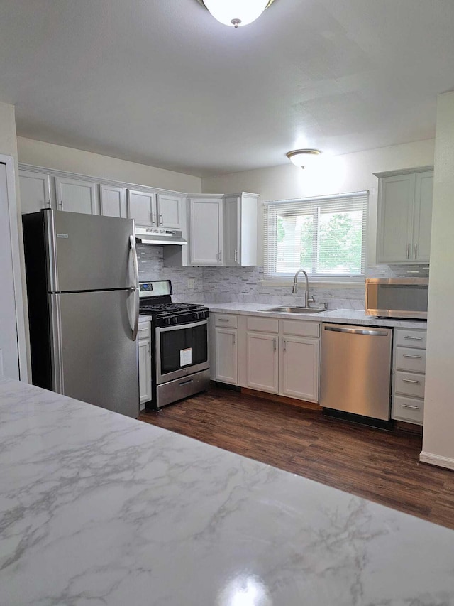 44497 Savery Dr, Canton, MI 48187 - kitchen featuring appliances with stainless steel finishes, under cabinet range hood, backsplash, and dark wood-type flooring