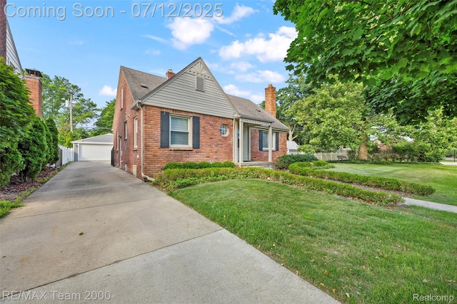 23167 Cromwell St, Canton, MI 48128 - bungalow-style house with brick siding, an outbuilding, a chimney, a front lawn, and a garage