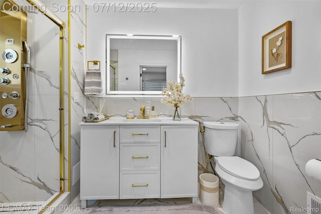 23167 Cromwell St, Canton, MI 48128 - full bathroom with vanity, tile walls, a marble finish shower, and a wainscoted wall