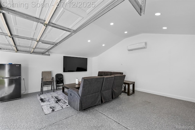 23167 Cromwell St, Canton, MI 48128 - cinema featuring a wall unit AC, speckled floor, recessed lighting, vaulted ceiling, and a garage
