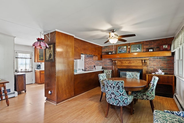 753 Vaniman Island Dr, Brooklyn, MI 49230 - dining area featuring light wood-style floors, ceiling fan, a large fireplace, a baseboard heating unit, and baseboard heating
