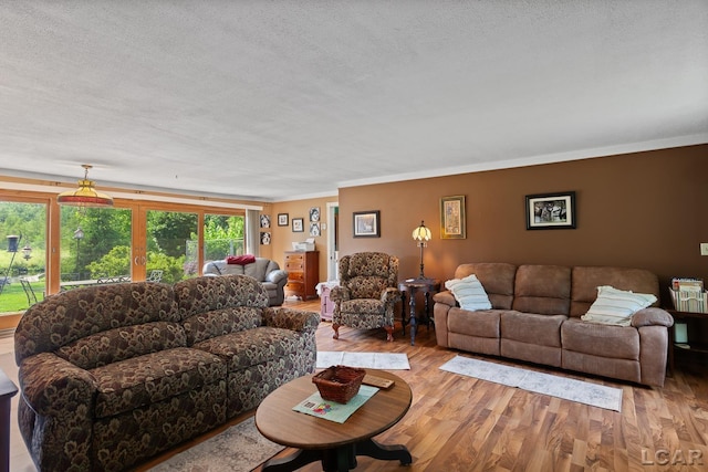 753 Vaniman Island Dr, Brooklyn, MI 49230 - living room featuring wood finished floors, a textured ceiling, and crown molding