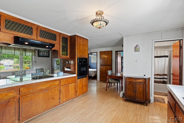 753 Vaniman Island Dr, Brooklyn, MI 49230 - kitchen with black appliances, under cabinet range hood, light countertops, light wood-style flooring, and glass insert cabinets