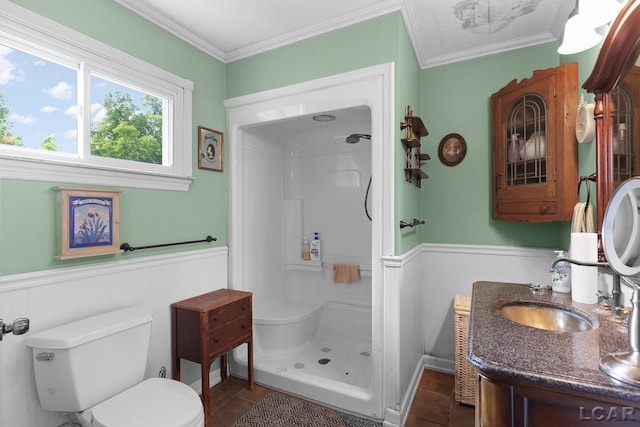 753 Vaniman Island Dr, Brooklyn, MI 49230 - full bath with wainscoting, a shower stall, vanity, crown molding, and tile patterned floors