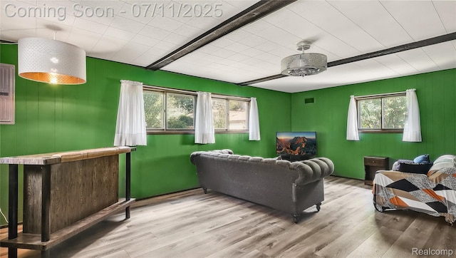 1845 Van Courtland Dr, Troy, MI 48083 - living area featuring a ceiling fan, wood finished floors, a dry bar, and beamed ceiling