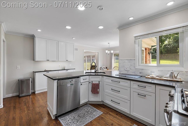 2403 Red Maple Ct, Troy, MI 48098 - kitchen featuring dishwasher, crown molding, dark countertops, white cabinets, and tasteful backsplash