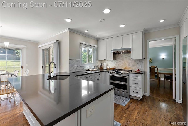 2403 Red Maple Ct, Troy, MI 48098 - kitchen featuring range with two ovens, dark countertops, under cabinet range hood, crown molding, and white cabinetry