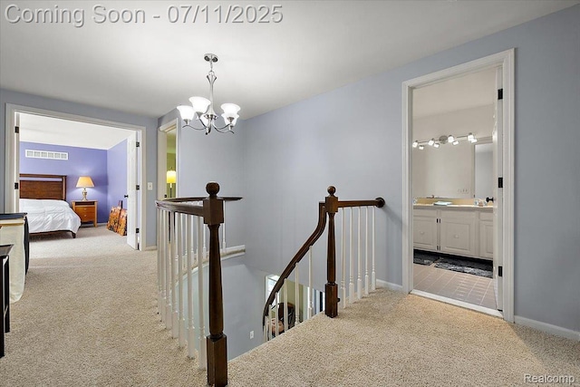 2403 Red Maple Ct, Troy, MI 48098 - hall with an upstairs landing, carpet flooring, and a chandelier
