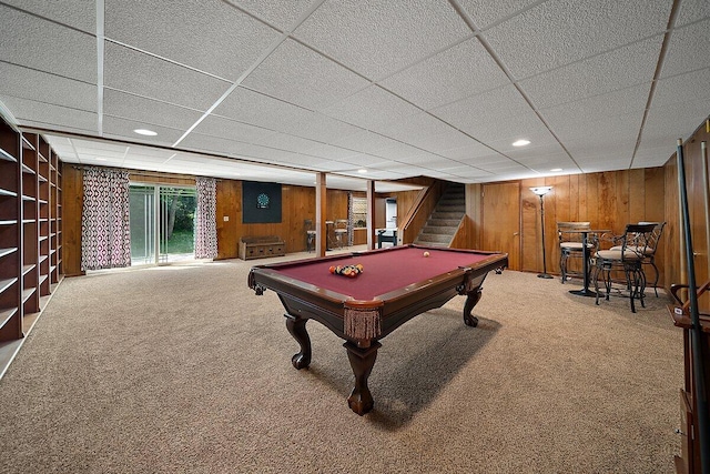 4550 Comanche Dr, Okemos, MI 48864 - playroom featuring billiards table, carpet flooring, wood walls, a paneled ceiling, and recessed lighting
