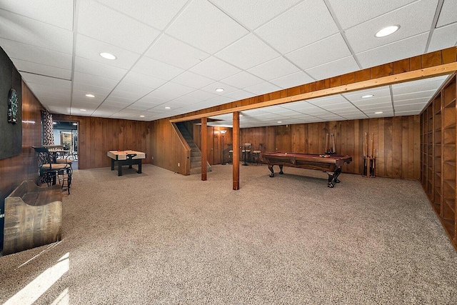 4550 Comanche Dr, Okemos, MI 48864 - game room featuring wooden walls, pool table, carpet, and recessed lighting