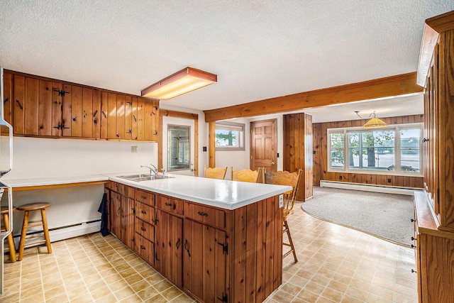 193 S Emerson Dr, Branch, MI 49402 - kitchen featuring a baseboard heating unit, a peninsula, a textured ceiling, light countertops, and open floor plan