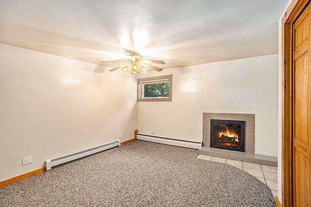 193 S Emerson Dr, Branch, MI 49402 - unfurnished living room featuring baseboard heating, a baseboard heating unit, a fireplace, a ceiling fan, and light colored carpet