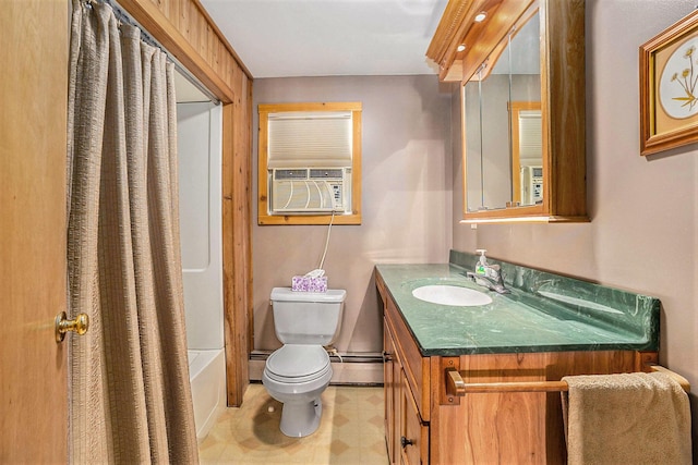 193 S Emerson Dr, Branch, MI 49402 - full bathroom with cooling unit, vanity, tile patterned floors, a baseboard heating unit, and shower / bath combo with shower curtain