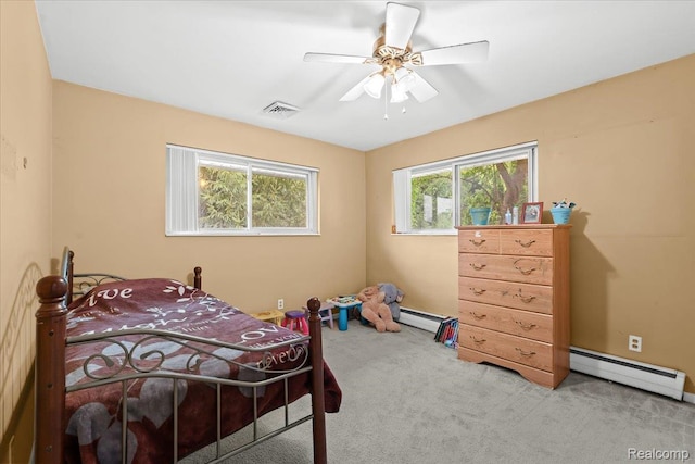 1540 Milford Hills Dr, Milford, MI 48381 - carpeted bedroom with a baseboard heating unit and ceiling fan