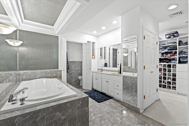 1540 Milford Hills Dr, Milford, MI 48381 - full bath featuring a bath, vanity, a walk in closet, recessed lighting, and marble finish floors