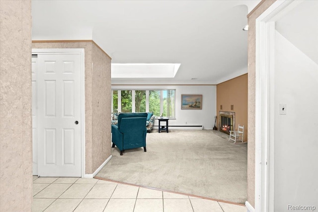 1540 Milford Hills Dr, Milford, MI 48381 - hallway featuring a skylight, carpet floors, tile patterned floors, and a baseboard heating unit