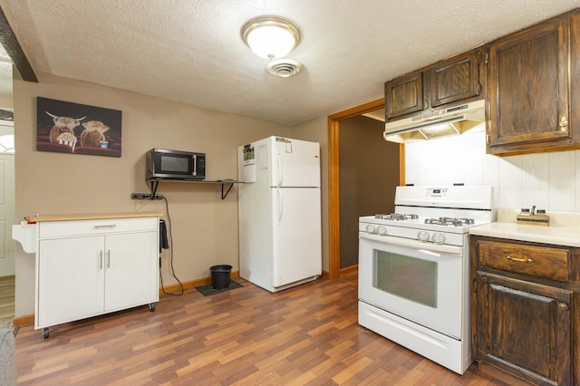 1620 Ontario Rd, Niles, MI 49120 - kitchen featuring white appliances, under cabinet range hood, wood finished floors, light countertops, and dark brown cabinets