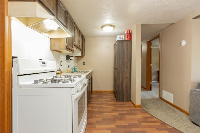 1620 Ontario Rd, Niles, MI 49120 - kitchen featuring gas range gas stove, wood finished floors, premium range hood, a textured ceiling, and light countertops