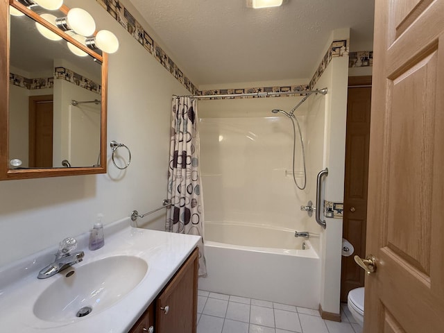 7826 Sunset Shores Dr Unit 43, Canadian Lakes, MI 49346 - bathroom with shower / tub combo with curtain, vanity, tile patterned floors, and a textured ceiling
