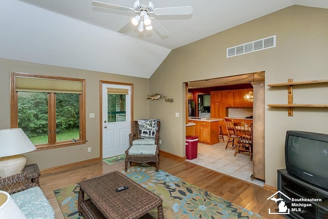5237 Emerson Dr, Ottawa Lake, MI 49267 - living room featuring lofted ceiling, light wood-type flooring, and ceiling fan