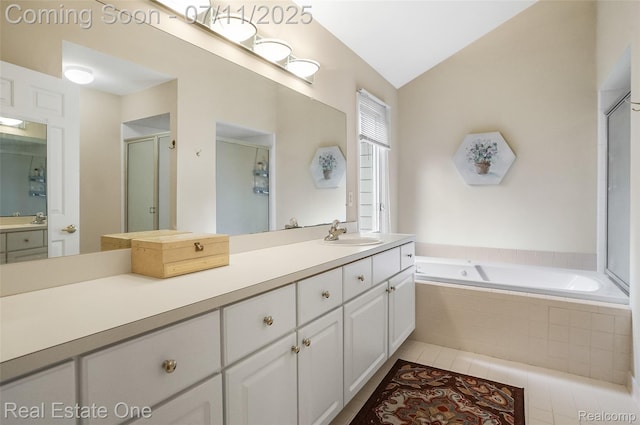 3565 Heron Ridge Dr, Rochester Hills, MI 48309 - full bathroom featuring vanity, a bath, a shower stall, and lofted ceiling