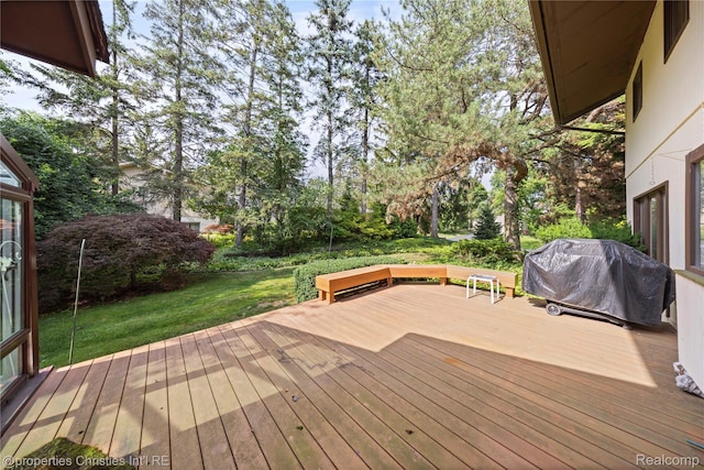 4724 Tara Ct, West Bloomfield, MI 48323 - deck with a grill, a lawn, and view of wooded area