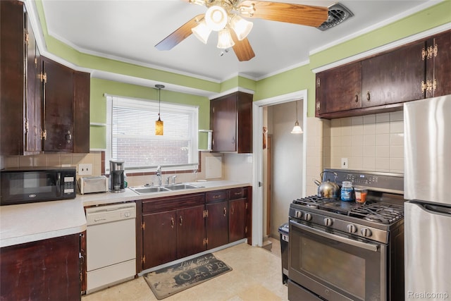 928 N Denwood St, Dearborn, MI 48128 - kitchen with stainless steel appliances, a ceiling fan, decorative backsplash, and ornamental molding