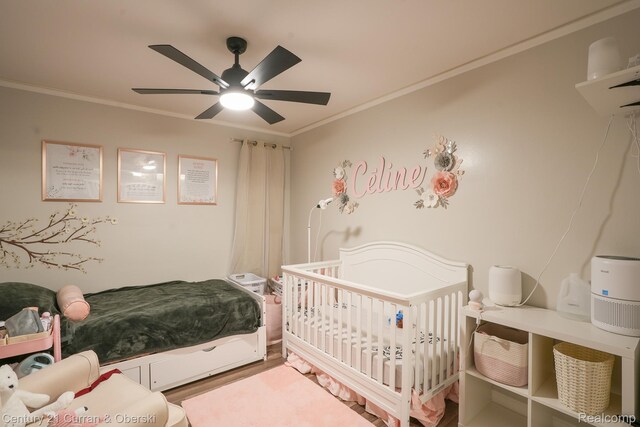 5720 Argyle St, Dearborn, MI 48126 - bedroom with ornamental molding, a ceiling fan, and wood finished floors