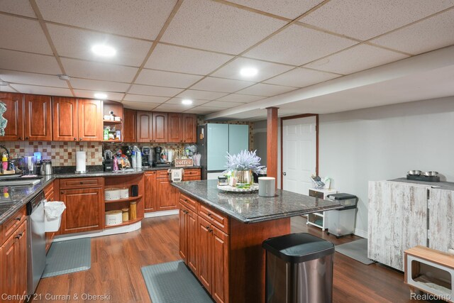 5720 Argyle St, Dearborn, MI 48126 - kitchen featuring open shelves, brown cabinetry, dark wood finished floors, a paneled ceiling, and recessed lighting