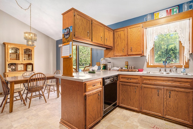 6580 Sunflower Dr SW, Byron Center, MI 49315 - kitchen with dishwasher, brown cabinetry, a peninsula, healthy amount of natural light, and vaulted ceiling