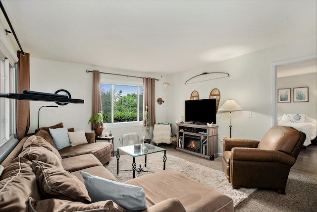 12972 S M 43 Hwy, Delton, MI 49046 - carpeted living area featuring a warm lit fireplace