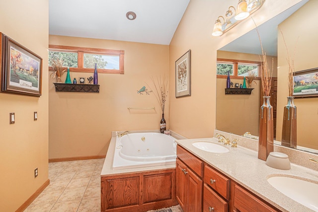 481 Seminole Rd, Norton Shores, MI 49444 - full bathroom featuring a tub with jets, double vanity, and plenty of natural light