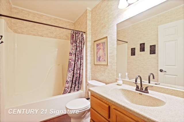 11315 Grand Oaks Dr, Clio, MI 48420 - bathroom featuring ornamental molding, shower / bath combination with curtain, vanity, and tile walls