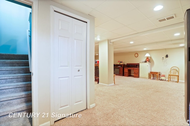 11315 Grand Oaks Dr, Clio, MI 48420 - hallway featuring carpet flooring, recessed lighting, stairs, and a drop ceiling