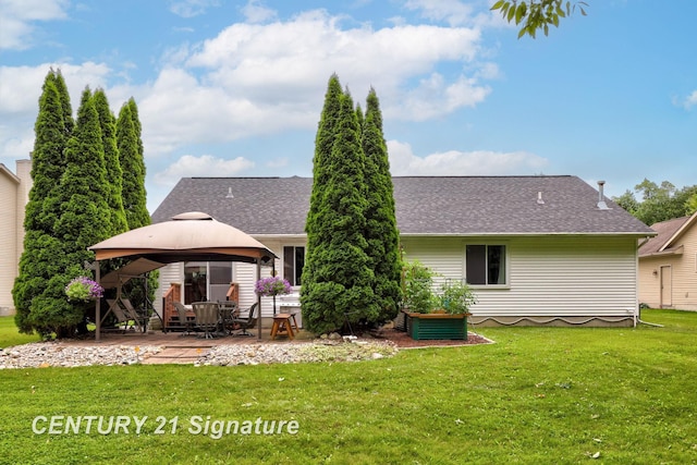 11315 Grand Oaks Dr, Clio, MI 48420 - rear view of house featuring a gazebo, a lawn, a patio area, and roof with shingles