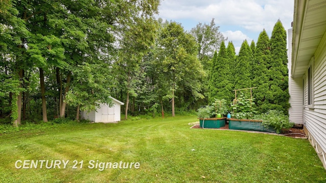 11315 Grand Oaks Dr, Clio, MI 48420 - view of green lawn with a shed and a garden