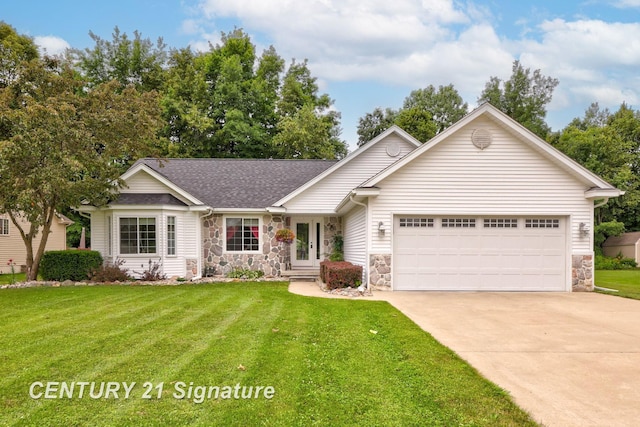 11315 Grand Oaks Dr, Clio, MI 48420 - ranch-style house featuring stone siding, an attached garage, driveway, and a front yard